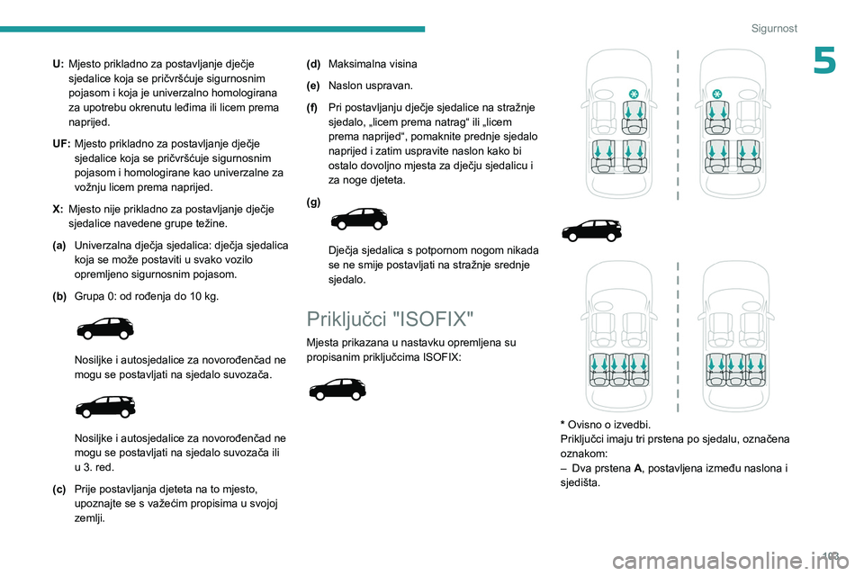PEUGEOT 5008 2023 Upute Za Rukovanje (in Croatian) 103
Sigurnost
5U:Mjesto prikladno za postavljanje dječje
sjedalice koja se pričvršćuje sigurnosnim
pojasom i koja je univerzalno homologirana
za upotrebu okrenutu leđima ili licem prema
napri PEUGEOT 5008 2023 Upute Za Rukovanje (in Croatian) 103
Sigurnost
5U:Mjesto prikladno za postavljanje dječje
sjedalice koja se pričvršćuje sigurnosnim
pojasom i koja je univerzalno homologirana
za upotrebu okrenutu leđima ili licem prema
napri