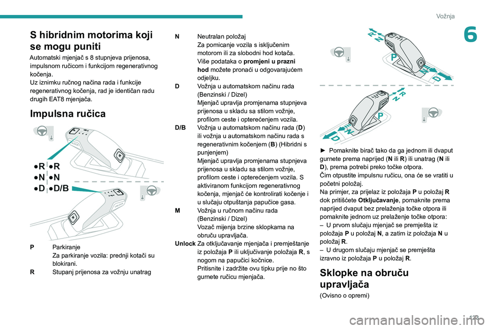 PEUGEOT 5008 2023 Upute Za Rukovanje (in Croatian) 123
Vožnja
6S hibridnim motorima koji
se mogu puniti
Automatski mjenjač s 8 stupnjeva prijenosa, impulsnom ručicom i funkcijom regenerativnog
kočenja.
Uz iznimku ručnog načina rada i funkcije PEUGEOT 5008 2023 Upute Za Rukovanje (in Croatian) 123
Vožnja
6S hibridnim motorima koji
se mogu puniti
Automatski mjenjač s 8 stupnjeva prijenosa, impulsnom ručicom i funkcijom regenerativnog
kočenja.
Uz iznimku ručnog načina rada i funkcije