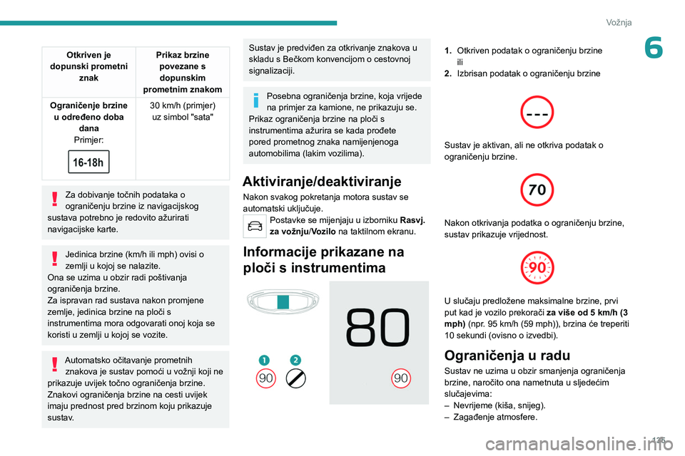 PEUGEOT 5008 2023 Upute Za Rukovanje (in Croatian) 135
Vožnja
6Otkriven je
dopunski prometni znak Prikaz brzine
povezane s dopunskim
prometnim znakom
Ograničenje brzine u određeno doba dana
Primjer:
30 km/h (primjer)
uz simbol "sata PEUGEOT 5008 2023 Upute Za Rukovanje (in Croatian) 135
Vožnja
6Otkriven je
dopunski prometni znak Prikaz brzine
povezane s dopunskim
prometnim znakom
Ograničenje brzine u određeno doba dana
Primjer:
30 km/h (primjer)
uz simbol "sata