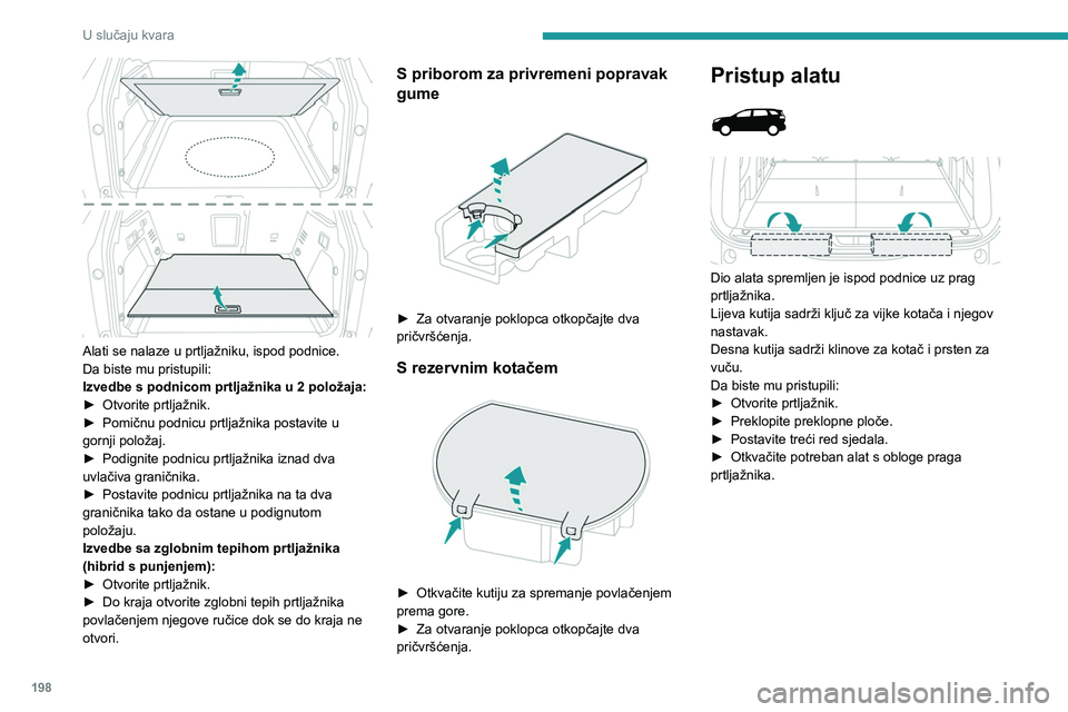 PEUGEOT 5008 2023 Upute Za Rukovanje (in Croatian) 198
U slučaju kvara
Alati se nalaze u prtljažniku, ispod podnice.
Da biste mu pristupili:
Izvedbe s podnicom prtljažnika u 2 položaja:
►
Otvorite prtljažnik.
►
Pomičnu podnicu prtljaž PEUGEOT 5008 2023 Upute Za Rukovanje (in Croatian) 198
U slučaju kvara
Alati se nalaze u prtljažniku, ispod podnice.
Da biste mu pristupili:
Izvedbe s podnicom prtljažnika u 2 položaja:
►
Otvorite prtljažnik.
►
Pomičnu podnicu prtljaž