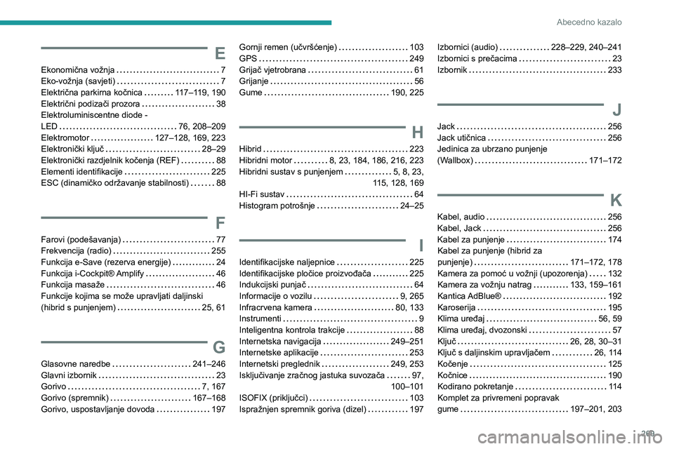 PEUGEOT 5008 2023 Upute Za Rukovanje (in Croatian) 269
Abecedno kazalo
E
Ekonomična vožnja 7
Eko-vožnja (savjeti)
7
Električna parkirna kočnica
117–119, 190
Električni podizači prozora
38
Elektroluminiscentne diode -
LED PEUGEOT 5008 2023 Upute Za Rukovanje (in Croatian) 269
Abecedno kazalo
E
Ekonomična vožnja 7
Eko-vožnja (savjeti)
7
Električna parkirna kočnica
117–119, 190
Električni podizači prozora
38
Elektroluminiscentne diode -
LED