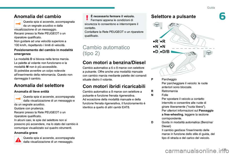PEUGEOT 5008 2023 Manuale duso (in Italian) 129
Guida
6Anomalia del cambio
Questa spia si accende, accompagnata
da un segnale acustico e dalla
visualizzazione di un messaggio.
Recarsi presso la Rete PEUGEOT o un
riparatore qualificato.
Non g PEUGEOT 5008 2023 Manuale duso (in Italian) 129
Guida
6Anomalia del cambio
Questa spia si accende, accompagnata
da un segnale acustico e dalla
visualizzazione di un messaggio.
Recarsi presso la Rete PEUGEOT o un
riparatore qualificato.
Non g