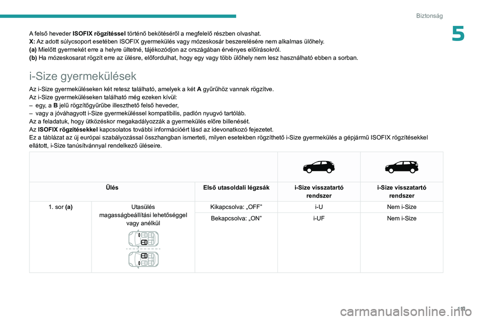 PEUGEOT 5008 2023  Kezelési útmutató (in Hungarian) 111
Biztonság
5A felső heveder ISOFIX rögzítéssel történő bekötéséről a megfelelő részben olvashat.
X: Az adott súlycsoport esetében ISOFIX gyermekülés vagy mózeskosár beszerelés