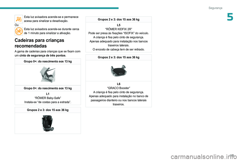 PEUGEOT 5008 2023  Manual de utilização (in Portuguese) 103
Segurança
5Esta luz avisadora acende-se e permanece acesa para sinalizar a desativação.
Ou
Esta luz avisadora acende-se durante cerca  de 1 minuto para sinalizar a ativação.
Cadeiras para cri