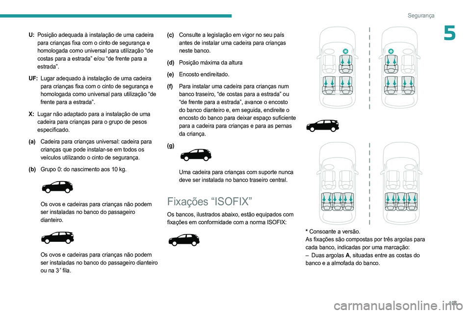 PEUGEOT 5008 2023  Manual de utilização (in Portuguese) 105
Segurança
5U:Posição adequada à instalação de uma cadeira 
para crianças fixa com o cinto de segurança e 
homologada como universal para utilização “de 
costas para a estrada” e/ou 