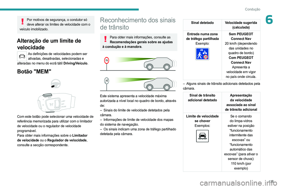 PEUGEOT 5008 2023  Manual de utilização (in Portuguese) 135
Condução
6Por motivos de segurança, o condutor só deve alterar os limites de velocidade com o 
veículo imobilizado.
Alteração de um limite de  velocidade
As definições de velocidades pode