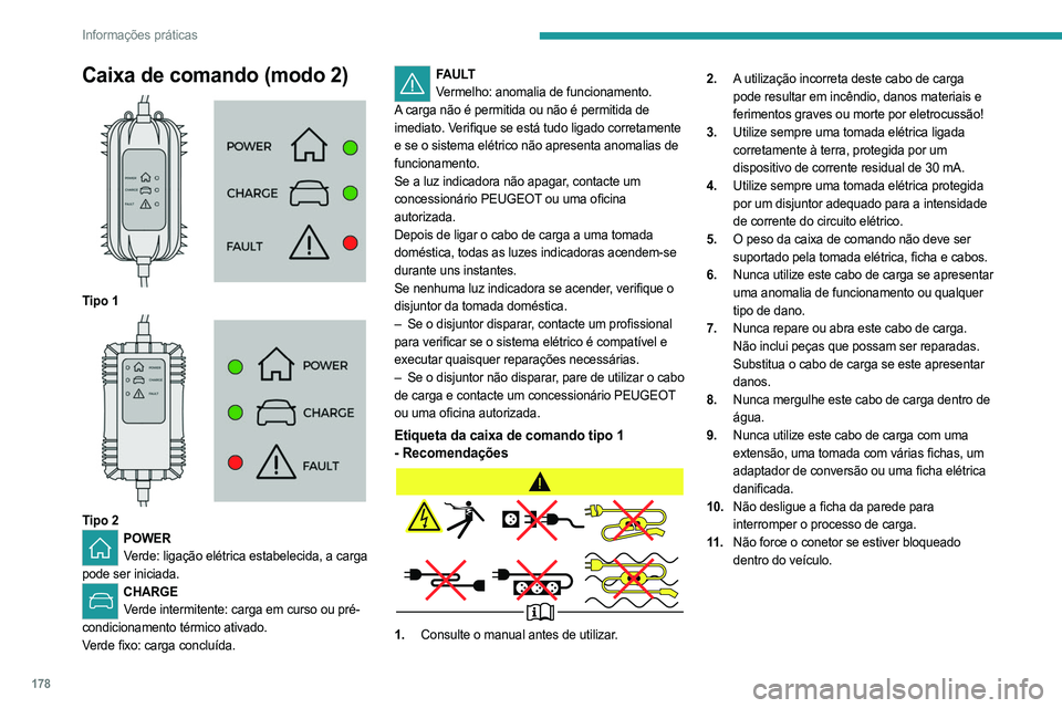 PEUGEOT 5008 2023  Manual de utilização (in Portuguese) 178
Informações práticas
Caixa de comando (modo 2) 
 
Tipo 1 
 
Tipo 2POWERVerde: ligação elétrica estabelecida, a carga 
pode ser iniciada. 
CHARGE Verde intermitente: carga em curso ou pré-
c