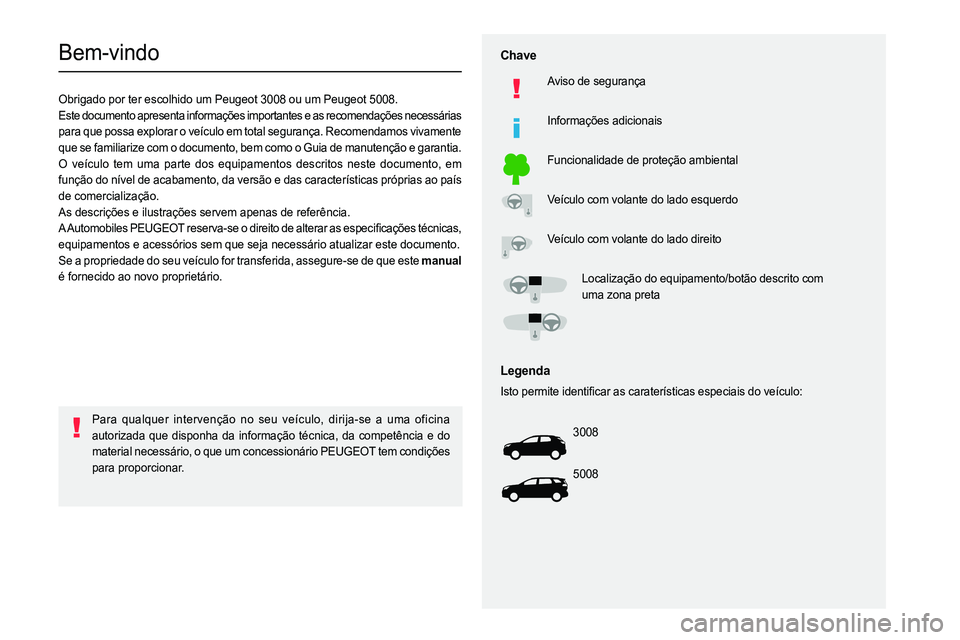 PEUGEOT 5008 2023 Manual de utilização (in Portuguese)
Bem-vindo
Obrigado por ter escolhido um Peugeot 3008 ou um Peugeot 5008.
Este documento apresenta informações importantes e as recomendaç\
ões PEUGEOT 5008 2023 Manual de utilização (in Portuguese)
Bem-vindo
Obrigado por ter escolhido um Peugeot 3008 ou um Peugeot 5008.
Este documento apresenta informações importantes e as recomendaç\
ões
