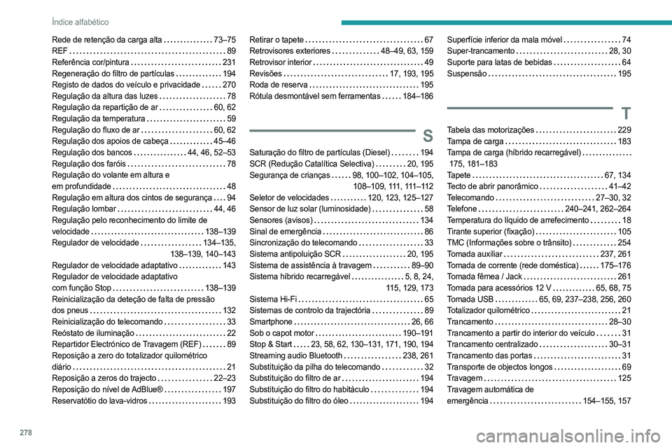 PEUGEOT 5008 2023  Manual de utilização (in Portuguese) 278
Índice alfabético
Rede de retenção da carga alta    73–75
REF     
89
Referência cor/pintura
    
231
Regeneração do filtro de partículas
   
194
Registo de dados do veículo e privacida