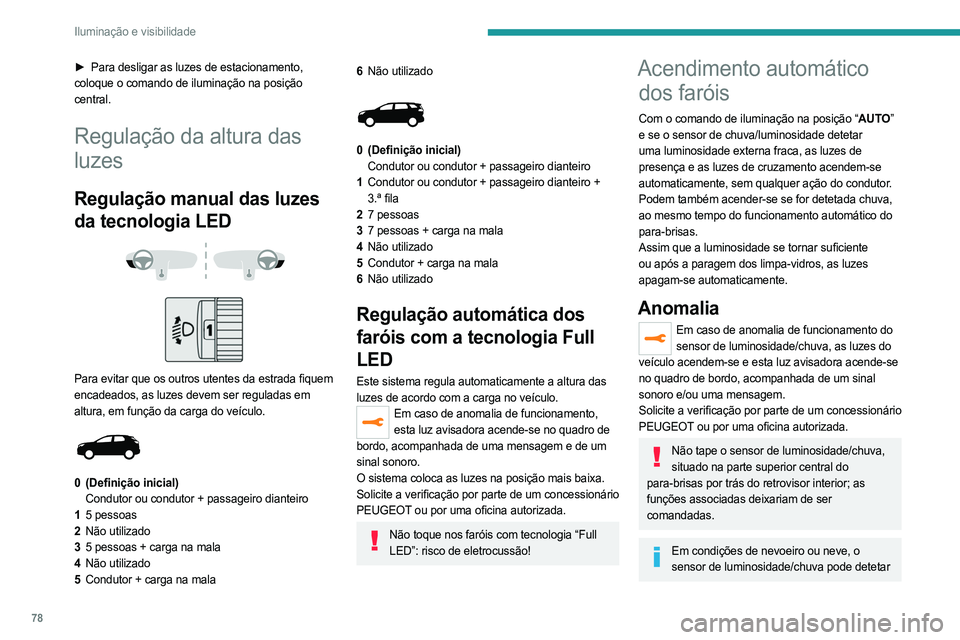 PEUGEOT 5008 2023 Manual de utilização (in Portuguese) 78
Iluminação e visibilidade
► Para desligar as luzes de estacionamento,
coloque o comando de iluminação na posição
central.
Regulação da altura das
luzes
Regulação manual das luzes
da PEUGEOT 5008 2023 Manual de utilização (in Portuguese) 78
Iluminação e visibilidade
► Para desligar as luzes de estacionamento,
coloque o comando de iluminação na posição
central.
Regulação da altura das
luzes
Regulação manual das luzes
da