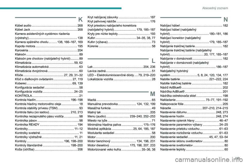 PEUGEOT 5008 2023  Návod na použitie (in Slovakian) 283
Abecedný zoznam
K
Kábel audio    268
Kábel Jack     
268
Kamera asistenčných systémov riadenia 
(výstrahy)
    
138
Kamera spätného chodu
   
138, 166–167, 169
Kapota motora
    
195
Ka