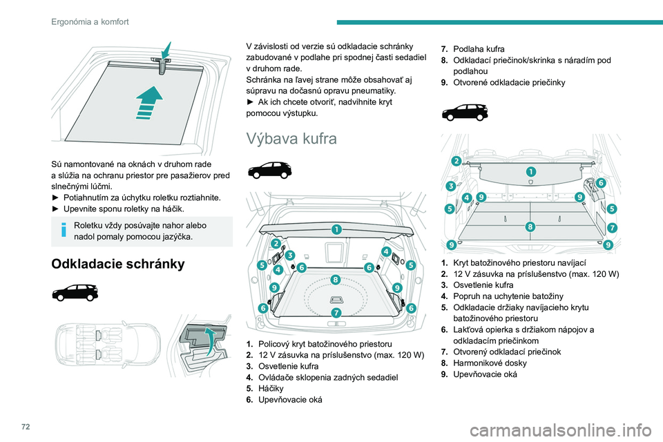 PEUGEOT 5008 2023  Návod na použitie (in Slovakian) 72
Ergonómia a komfort
 
Sú namontované na oknách v   druhom rade 
a   slúžia na ochranu priestor pre pasažierov pred 
slnečnými lúčmi.
►
 
Potiahnutím za úchytku roletku roztiahnite.
