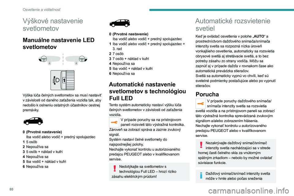 PEUGEOT 5008 2023  Návod na použitie (in Slovakian) 80
Osvetlenie a viditeľnosť
Výškové nastavenie 
svetlometov
Manuálne nastavenie LED 
svetlometov
 
 
 
 
Výška lúča čelných svetlometov sa musí nastaviť 
v závislosti od daného zaťaž