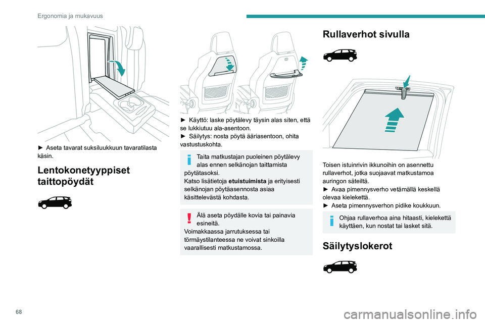 PEUGEOT 5008 2023  Omistajan Käsikirja (in Finnish) 68
Ergonomia ja mukavuus
 
►  Aseta tavarat suksiluukkuun tavaratilasta käsin.
Lentokonetyyppiset 
taittopöydät
 
 
 
 
►  Käyttö: laske pöytälevy täysin alas siten, että 
se 
