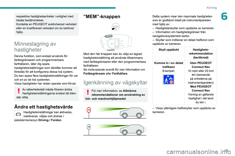 PEUGEOT 5008 2023 Bruksanvisningar (in Swedish) 131
Körning
6respektive hastighetsenheter i enlighet med
lokala bestämmelser.
Kontakta en PEUGEOT auktoriserad verkstad
eller en kvalificerad verkstad om du behöver
hjälp.
Minneslagring av
has PEUGEOT 5008 2023 Bruksanvisningar (in Swedish) 131
Körning
6respektive hastighetsenheter i enlighet med
lokala bestämmelser.
Kontakta en PEUGEOT auktoriserad verkstad
eller en kvalificerad verkstad om du behöver
hjälp.
Minneslagring av
has