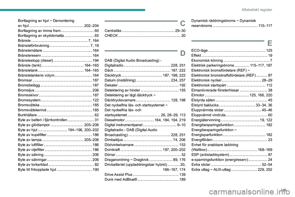 PEUGEOT 5008 2023 Bruksanvisningar (in Swedish) 265
Alfabetiskt register
Borttagning av hjul ~ Demontering
av hjul
202–204
Borttagning av imma fram
60
Borttagning av skyddsmatta
65
Bränsle
7, 164
Bränsleförbrukning
7, PEUGEOT 5008 2023 Bruksanvisningar (in Swedish) 265
Alfabetiskt register
Borttagning av hjul ~ Demontering
av hjul
202–204
Borttagning av imma fram
60
Borttagning av skyddsmatta
65
Bränsle
7, 164
Bränsleförbrukning
7,