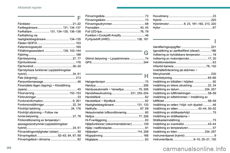 PEUGEOT 5008 2023 Bruksanvisningar (in Swedish) 266
Alfabetiskt register
F
Färddator 21–22
Fartbegränsare
131, 134–137
Farthållare
131, 134–135, 136–138
Farthållning via
hastighetsbegränsare
134–135
Fästen ISOFIX PEUGEOT 5008 2023 Bruksanvisningar (in Swedish) 266
Alfabetiskt register
F
Färddator 21–22
Fartbegränsare
131, 134–137
Farthållare
131, 134–135, 136–138
Farthållning via
hastighetsbegränsare
134–135
Fästen ISOFIX