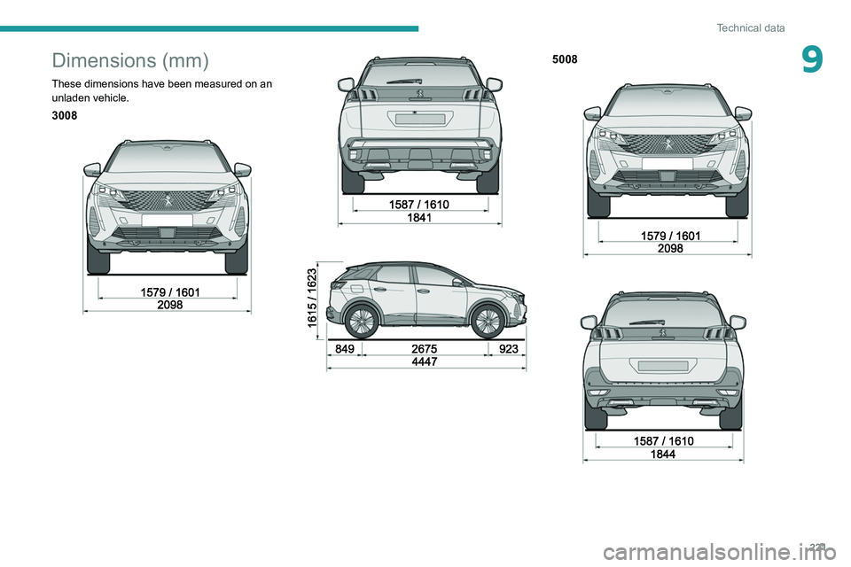 PEUGEOT 5008 2022  Owners Manual 221
Technical data
9Dimensions (mm)
These dimensions have been measured on an unladen vehicle.
3008 
 
 
 
5008 
 
   