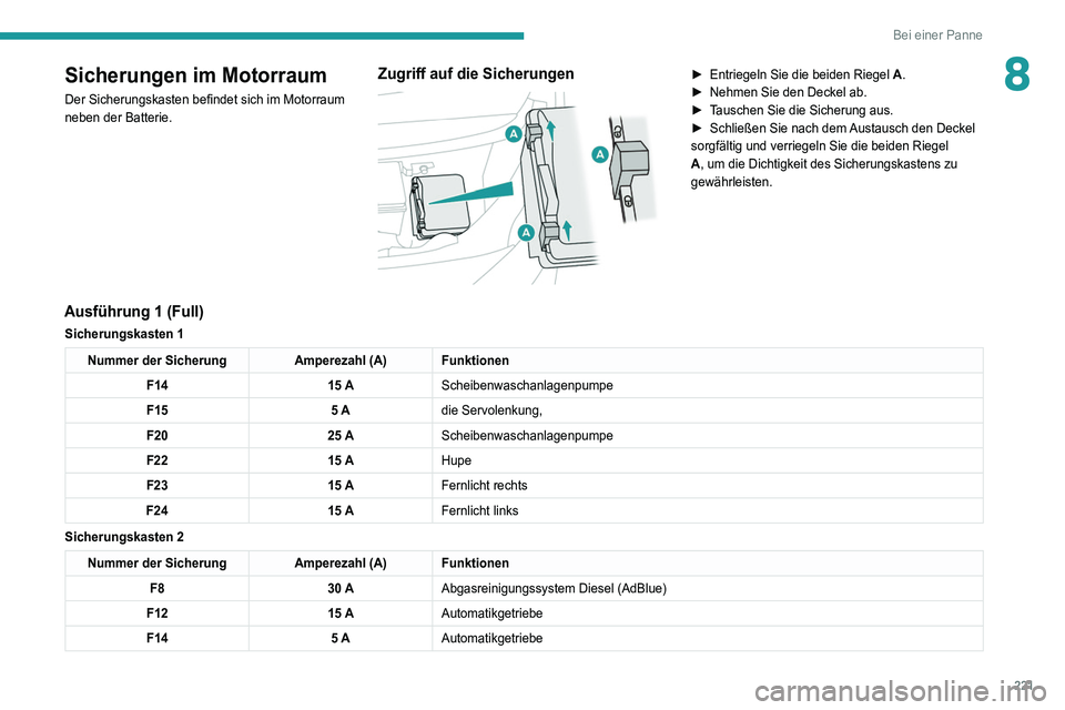 PEUGEOT 5008 2022  Betriebsanleitungen (in German) 221
Bei einer Panne
8Sicherungen im Motorraum
Der Sicherungskasten befindet sich im Motorraum 
neben der Batterie.
Zugriff auf die Sicherungen 
 
► Entriegeln Sie die beiden Riegel A.
►  Nehmen Si