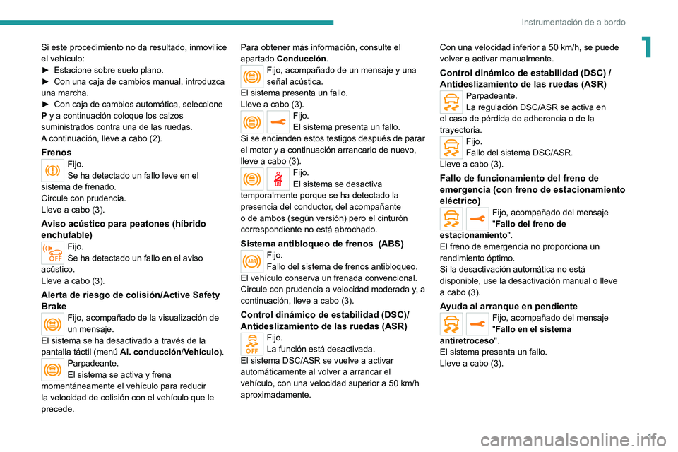 PEUGEOT 5008 2022 Manual del propietario (in Spanish) 15
Instrumentación de a bordo
1Si este procedimiento no da resultado, inmovilice
el vehículo:
►
Estacione sobre suelo plano.
►
Con una caja de cambios manual, introduzca
una marcha.
►
PEUGEOT 5008 2022 Manual del propietario (in Spanish) 15
Instrumentación de a bordo
1Si este procedimiento no da resultado, inmovilice
el vehículo:
►
Estacione sobre suelo plano.
►
Con una caja de cambios manual, introduzca
una marcha.
►