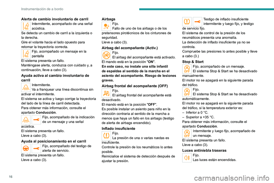 PEUGEOT 5008 2022 Manual del propietario (in Spanish) 16
Instrumentación de a bordo
Alerta de cambio involuntario de carrilIntermitente, acompañado de una señal
acústica.
Se detecta un cambio de carril a la izquierda o
la derecha.
Gire el volante h PEUGEOT 5008 2022 Manual del propietario (in Spanish) 16
Instrumentación de a bordo
Alerta de cambio involuntario de carrilIntermitente, acompañado de una señal
acústica.
Se detecta un cambio de carril a la izquierda o
la derecha.
Gire el volante h