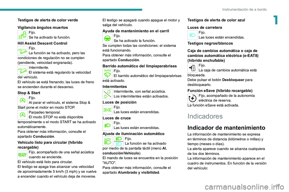 PEUGEOT 5008 2022 Manual del propietario (in Spanish) 17
Instrumentación de a bordo
1Testigos de alerta de color verde
Vigilancia ángulos muertos
Fijo.
Se ha activado la función.
Hill Assist Descent ControlFijo.
La función se ha activado, pero las
c PEUGEOT 5008 2022 Manual del propietario (in Spanish) 17
Instrumentación de a bordo
1Testigos de alerta de color verde
Vigilancia ángulos muertos
Fijo.
Se ha activado la función.
Hill Assist Descent ControlFijo.
La función se ha activado, pero las
c