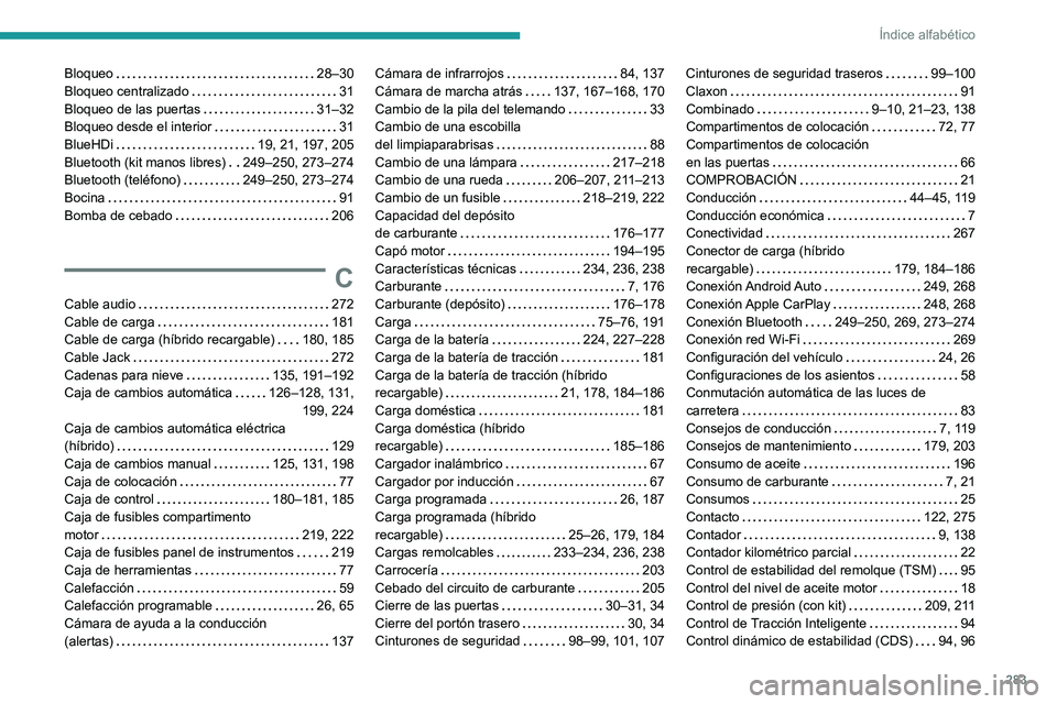 PEUGEOT 5008 2022  Manual del propietario (in Spanish) 283
Índice alfabético
Bloqueo     28–30
Bloqueo centralizado     
31
Bloqueo de las puertas
    
31–32
Bloqueo desde el interior
    
31
BlueHDi
    
19, 21, 197, 205
Bluetooth (kit manos libres