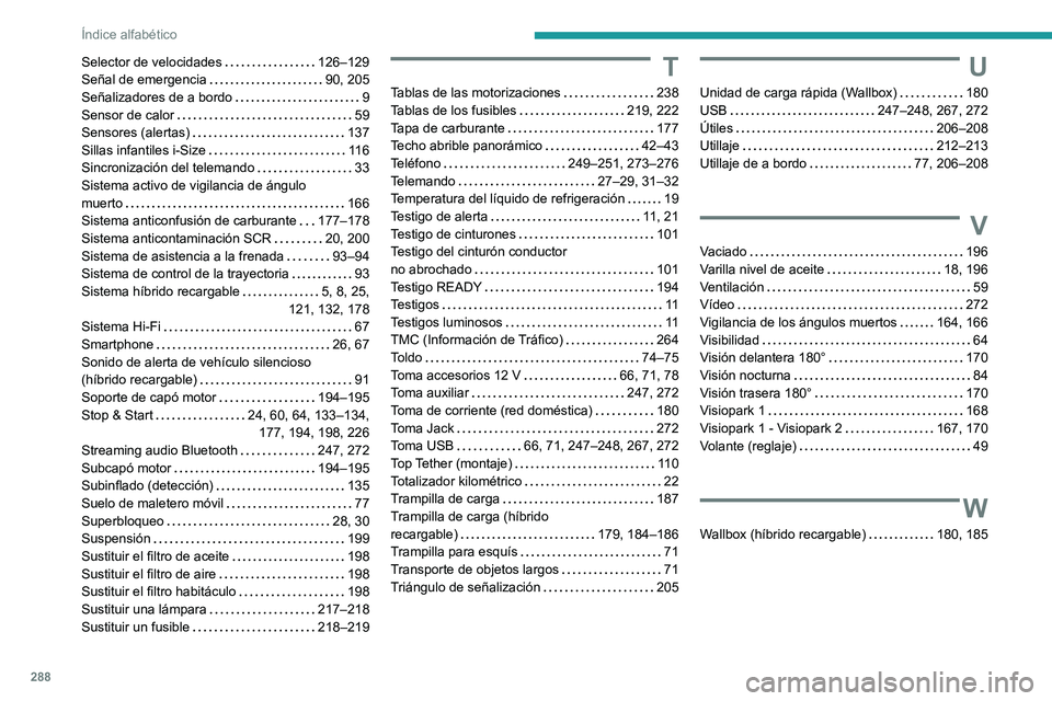 PEUGEOT 5008 2022  Manual del propietario (in Spanish) 288
Índice alfabético
Selector de velocidades     126–129
Señal de emergencia     
90, 205
Señalizadores de a bordo
    
9
Sensor de calor
    
59
Sensores (alertas)
    
137
Sillas infantiles i