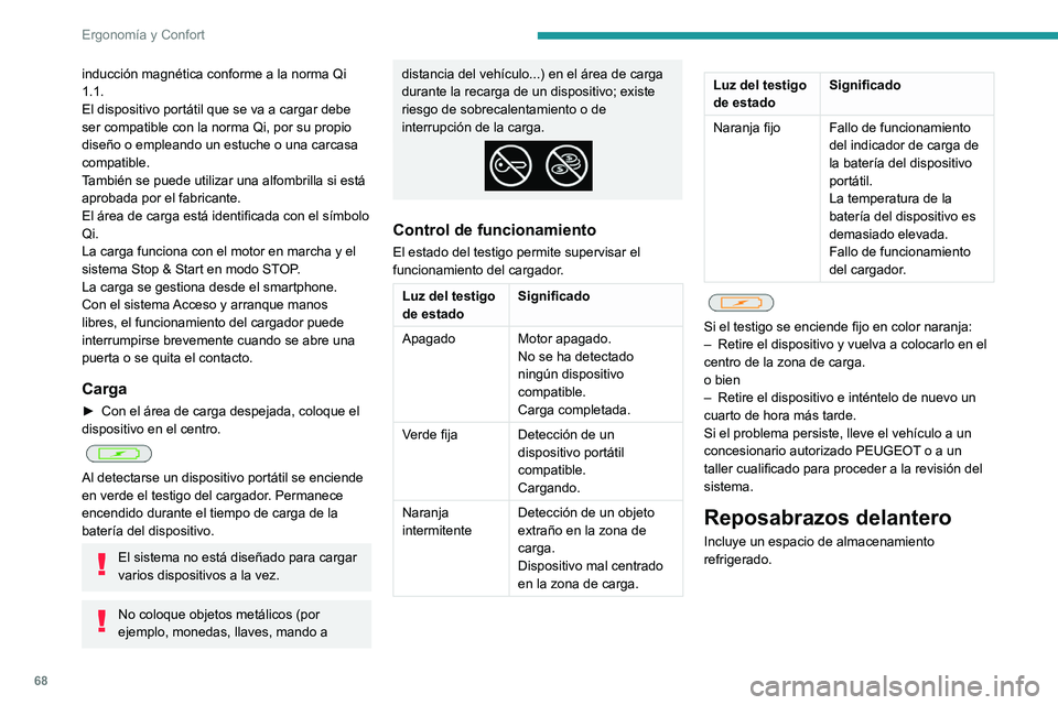 PEUGEOT 5008 2022  Manual del propietario (in Spanish) 68
Ergonomía y Confort
inducción magnética conforme a la norma Qi 
1.1.
El dispositivo portátil que se va a cargar debe 
ser compatible con la norma Qi, por su propio 
diseño o empleando un estuc