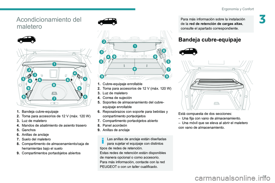 PEUGEOT 5008 2022 Manual del propietario (in Spanish) 73
Ergonomía y Confort
3Acondicionamiento del maletero
1. Bandeja cubre-equipaje
2. Toma para accesorios de 12 V (máx. 120 W)
3. Luz de maletero
4. Mandos de abatimiento de asiento trasero
5 PEUGEOT 5008 2022 Manual del propietario (in Spanish) 73
Ergonomía y Confort
3Acondicionamiento del maletero
1. Bandeja cubre-equipaje
2. Toma para accesorios de 12 V (máx. 120 W)
3. Luz de maletero
4. Mandos de abatimiento de asiento trasero
5