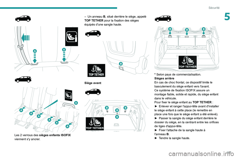 PEUGEOT 5008 2022  Manuel du propriétaire (in French) 107
Sécurité
5
 
 
 
 
 
 
 
Les 2 verrous des  sièges enfants ISOFIX  
viennent s'y ancrer . –
 
Un anneau
  
B
 , situé derrière le siège, appelé 
TOP TETHER pour la fixation des siège