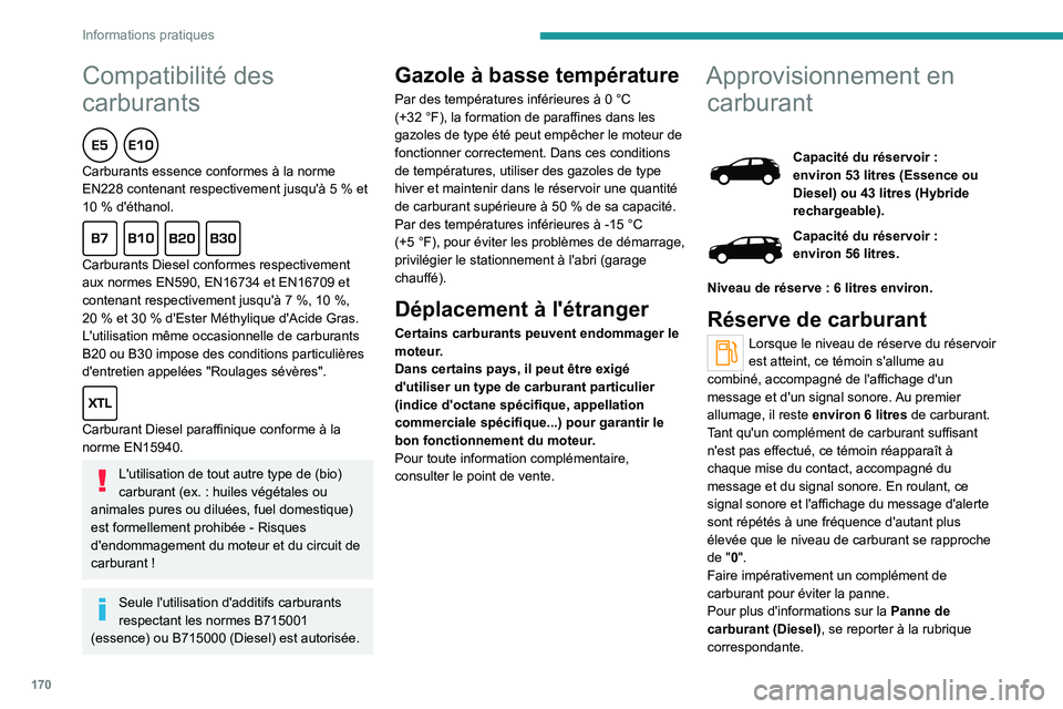 PEUGEOT 5008 2022  Manuel du propriétaire (in French) 170
Informations pratiques
Compatibilité des 
carburants
  
Carburants essence conformes à la norme 
EN228 contenant respectivement jusqu'à 5  % et 
10
  % d'éthanol.
  
Carburants Diesel 