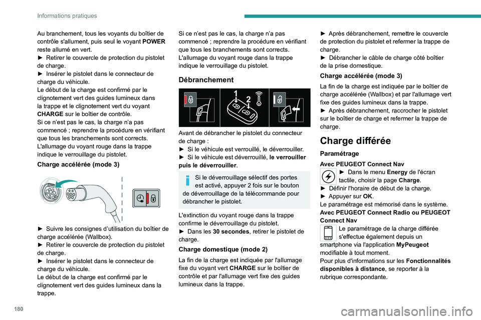 PEUGEOT 5008 2022  Manuel du propriétaire (in French) 180
Informations pratiques
Au branchement, tous les voyants du boîtier de 
contrôle s'allument, puis seul le voyant POWER 
reste allumé en vert.
►
 
Retirer le couvercle de protection du pist