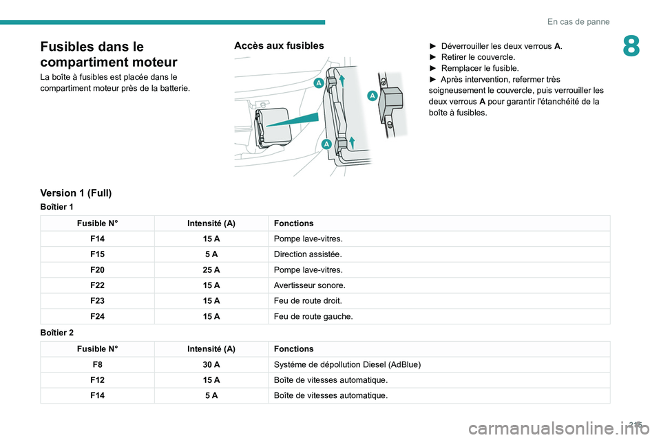 PEUGEOT 5008 2022  Manuel du propriétaire (in French) 215
En cas de panne
8Fusibles dans le 
compartiment moteur
La boîte à fusibles est placée dans le 
compartiment moteur près de la batterie.
Accès aux fusibles 
 
► Déverrouiller les deux verro