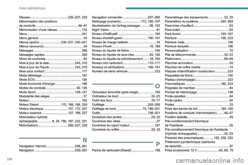 PEUGEOT 5008 2022 Manuel du propriétaire (in French) 278
Index alphabétique
Masses 226–227, 229
Mémorisation des positions
de conduite
46–47
Mémorisation d'une vitesse
133
Menu
241
Menu général
24
Menus (audio)
PEUGEOT 5008 2022 Manuel du propriétaire (in French) 278
Index alphabétique
Masses 226–227, 229
Mémorisation des positions
de conduite
46–47
Mémorisation d'une vitesse
133
Menu
241
Menu général
24
Menus (audio)