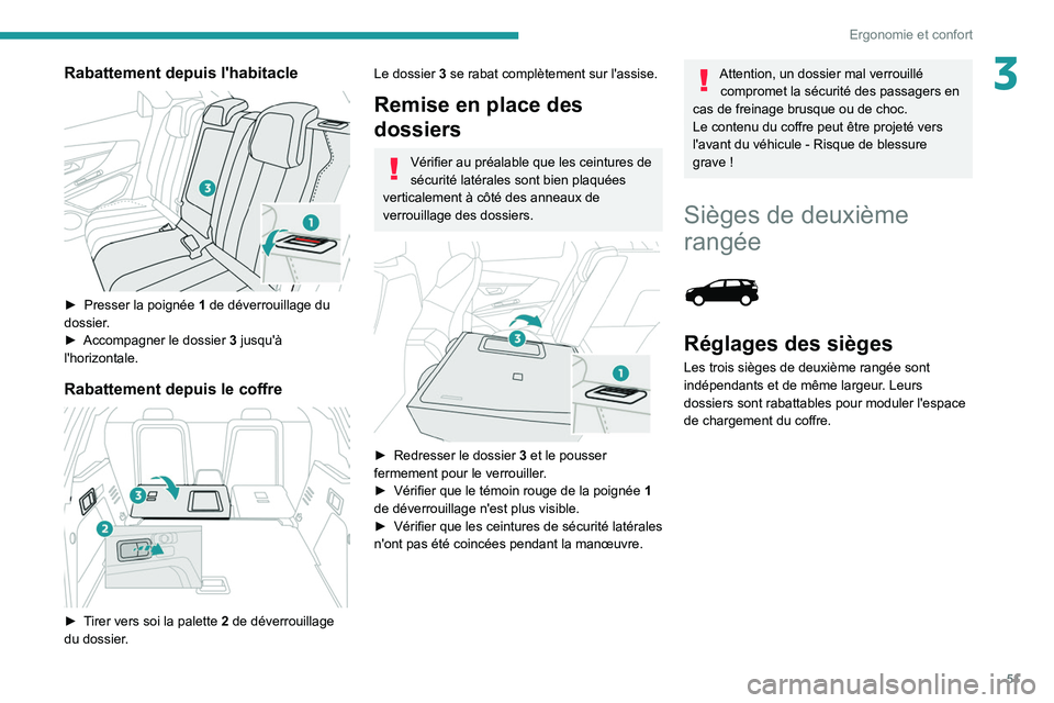 PEUGEOT 5008 2022  Manuel du propriétaire (in French) 51
Ergonomie et confort
3Rabattement depuis l'habitacle 
 
► Presser la poignée 1  de déverrouillage du 
dossier.
►
 
Accompagner le dossier
  
3
  jusqu'à 
l'horizontale.
Rabatteme