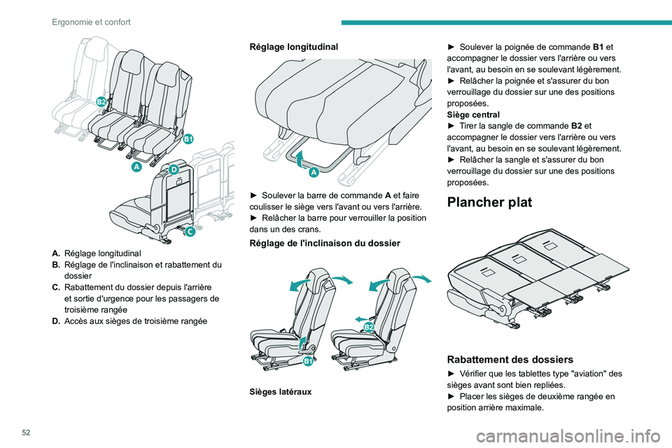PEUGEOT 5008 2022  Manuel du propriétaire (in French) 52
Ergonomie et confort
 
A.Réglage longitudinal
B. Réglage de l'inclinaison et rabattement du 
dossier
C. Rabattement du dossier depuis l'arrière 
et sortie d'urgence pour les passager