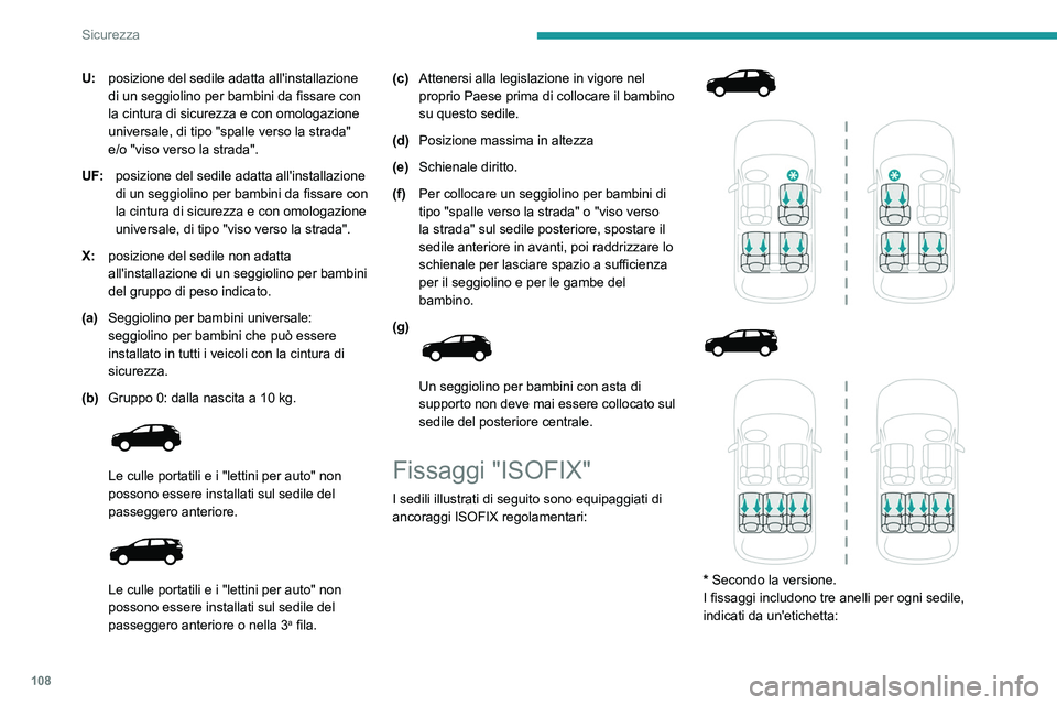 PEUGEOT 5008 2022  Manuale duso (in Italian) 108
Sicurezza
U:posizione del sedile adatta all'installazione 
di un seggiolino per bambini da fissare con 
la cintura di sicurezza e con omologazione 
universale, di tipo "spalle verso la str