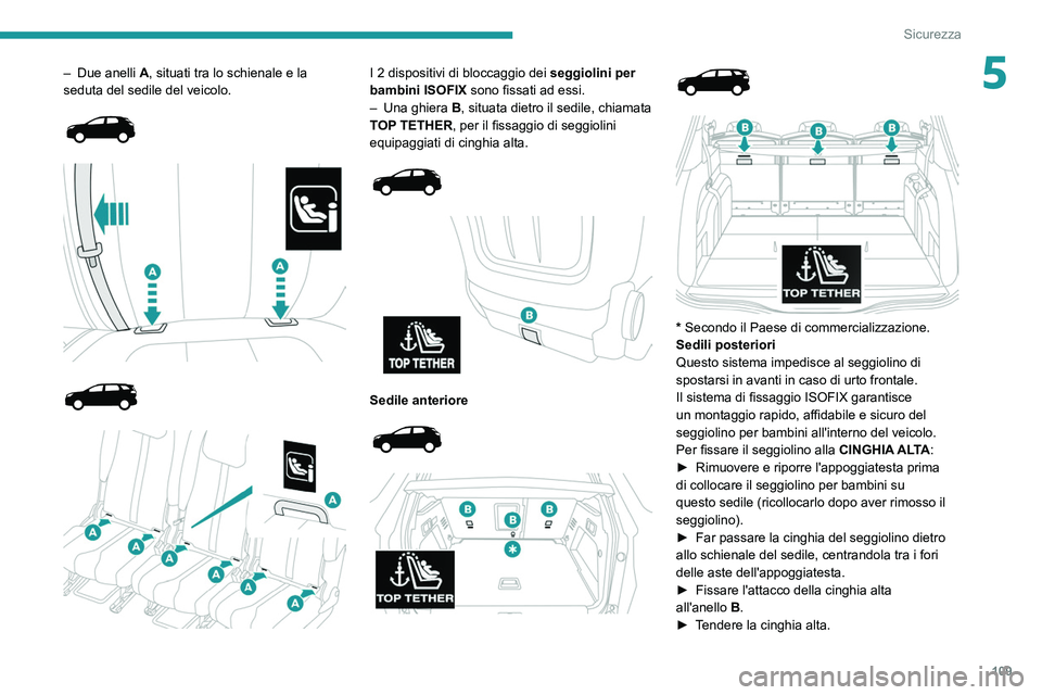 PEUGEOT 5008 2022  Manuale duso (in Italian) 109
Sicurezza
5– Due anelli A , situati tra lo schienale e la 
seduta del sedile del veicolo.
 
 
 
 
 
 
 
 
I 2 dispositivi di bloccaggio dei seggiolini per 
bambini ISOFIX  sono fissati ad essi.

