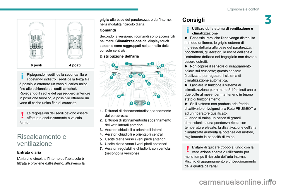 PEUGEOT 5008 2022  Manuale duso (in Italian) 59
Ergonomia e confort
3 
   
6 posti
4 posti
Ripiegando i sedili della seconda fila e 
spostando indietro i sedili della terza fila, 
è possibile ottenere un vano di carico unico 
fino allo schienal