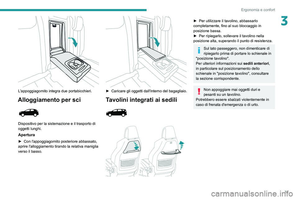 PEUGEOT 5008 2022  Manuale duso (in Italian) 71
Ergonomia e confort
3
 
L'appoggiagomito integra due portabicchieri.
Alloggiamento per sci 
 
Dispositivo per la sistemazione e il trasporto di 
oggetti lunghi.
Apertura
► Con l'appoggiag