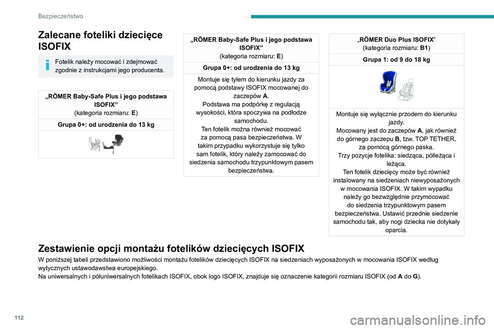 PEUGEOT 5008 2022 Instrukcja obsługi (in Polish) 11 2
Bezpieczeństwo
Zalecane foteliki dziecięce
ISOFIX
Fotelik należy mocować i zdejmować
zgodnie z instrukcjami jego producenta.
„RÖMER Baby-Safe Plus i jego podstawa ISOFIX”
(kategoria r PEUGEOT 5008 2022 Instrukcja obsługi (in Polish) 11 2
Bezpieczeństwo
Zalecane foteliki dziecięce
ISOFIX
Fotelik należy mocować i zdejmować
zgodnie z instrukcjami jego producenta.
„RÖMER Baby-Safe Plus i jego podstawa ISOFIX”
(kategoria r