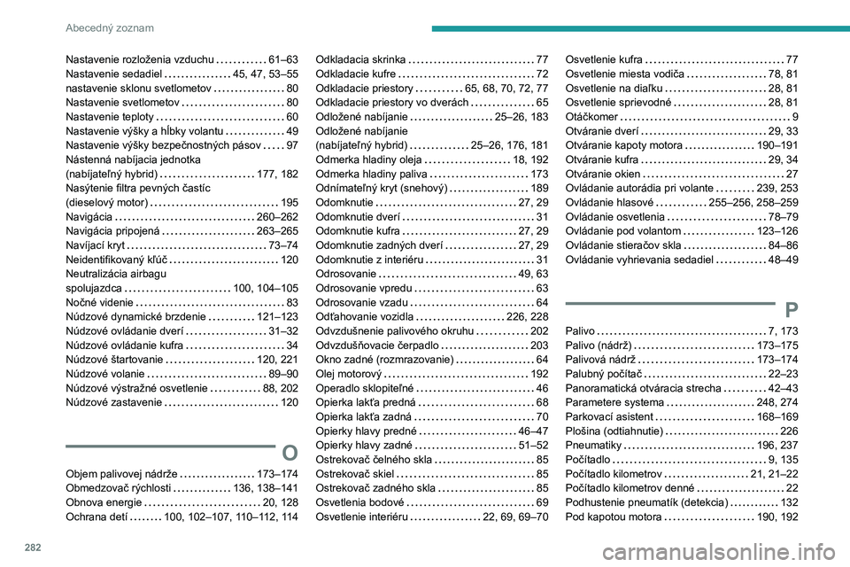 PEUGEOT 5008 2022 Návod na použitie (in Slovakian) 282
Abecedný zoznam
Nastavenie rozloženia vzduchu 61–63Nastavenie sedadiel 45, 47, 53–55nastavenie sklonu svetlometov 80Nastavenie svetlometov 80Nastavenie teploty 60Nastavenie výšky PEUGEOT 5008 2022 Návod na použitie (in Slovakian) 282
Abecedný zoznam
Nastavenie rozloženia vzduchu 61–63Nastavenie sedadiel 45, 47, 53–55nastavenie sklonu svetlometov 80Nastavenie svetlometov 80Nastavenie teploty 60Nastavenie výšky