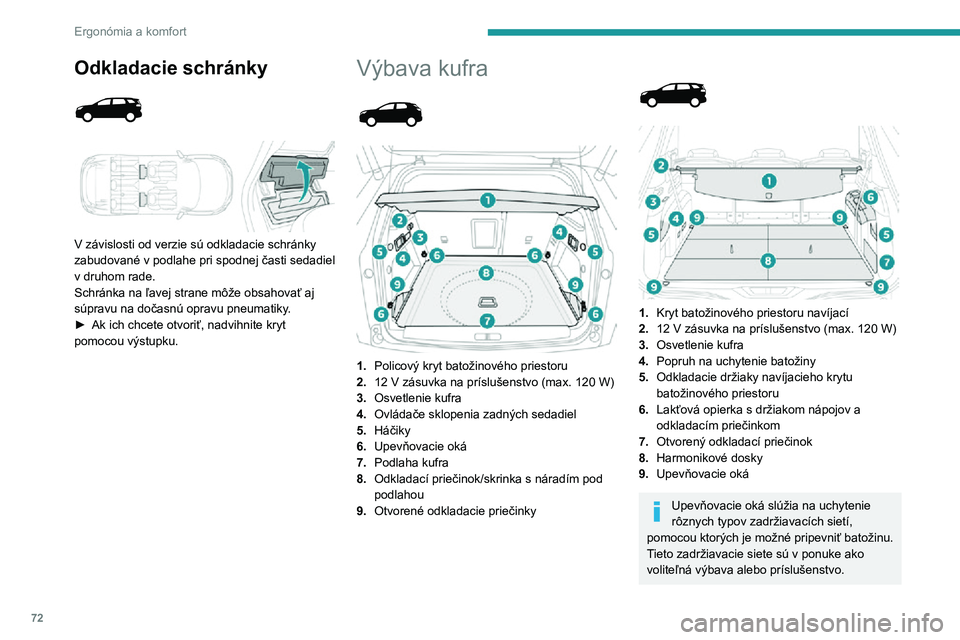 PEUGEOT 5008 2022 Návod na použitie (in Slovakian) 72
Ergonómia a komfort
Odkladacie schránky
V závislosti od verzie sú odkladacie schránky
zabudované v podlahe pri spodnej časti sedadiel
v druhom rade.
Schránka na ľavej strane môže PEUGEOT 5008 2022 Návod na použitie (in Slovakian) 72
Ergonómia a komfort
Odkladacie schránky
V závislosti od verzie sú odkladacie schránky
zabudované v podlahe pri spodnej časti sedadiel
v druhom rade.
Schránka na ľavej strane môže