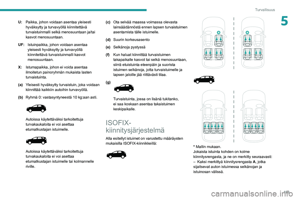 PEUGEOT 5008 2022 Omistajan Käsikirja (in Finnish) 103
Turvallisuus
5U:Paikka, johon voidaan asentaa yleisesti
hyväksytty ja turvavyöllä kiinnitettävä
turvaistuinmalli selkä menosuuntaan ja/tai
kasvot menosuuntaan.
UF: Istuinpaikka, johon voi PEUGEOT 5008 2022 Omistajan Käsikirja (in Finnish) 103
Turvallisuus
5U:Paikka, johon voidaan asentaa yleisesti
hyväksytty ja turvavyöllä kiinnitettävä
turvaistuinmalli selkä menosuuntaan ja/tai
kasvot menosuuntaan.
UF: Istuinpaikka, johon voi