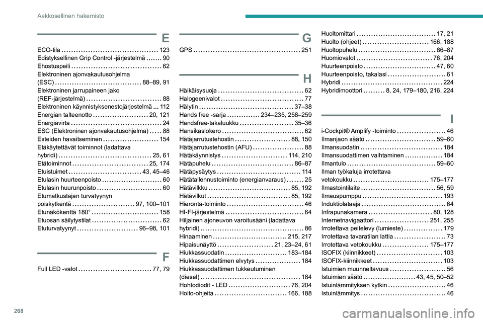 PEUGEOT 5008 2022 Omistajan Käsikirja (in Finnish) 268
Aakkosellinen hakemisto
E
ECO-tila 123
Edistyksellinen Grip Control -järjestelmä
90
Ehostuspeili
62
Elektroninen ajonvakautusohjelma
(ESC)
88–89, 91
Elektroninen jarrupaine PEUGEOT 5008 2022 Omistajan Käsikirja (in Finnish) 268
Aakkosellinen hakemisto
E
ECO-tila 123
Edistyksellinen Grip Control -järjestelmä
90
Ehostuspeili
62
Elektroninen ajonvakautusohjelma
(ESC)
88–89, 91
Elektroninen jarrupaine