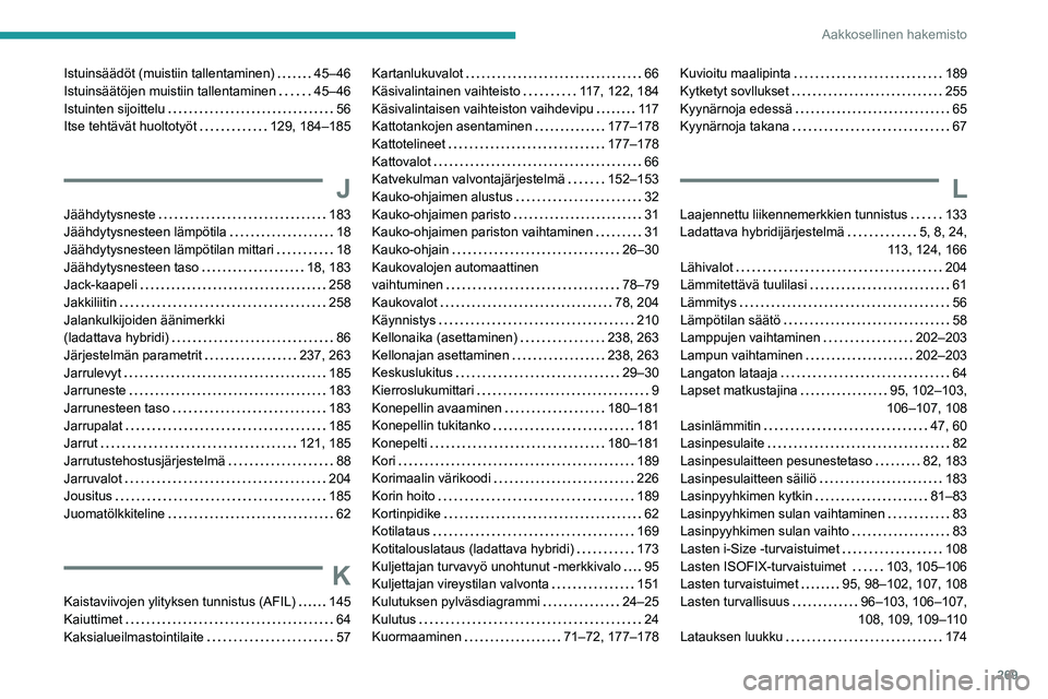 PEUGEOT 5008 2022 Omistajan Käsikirja (in Finnish) 269
Aakkosellinen hakemisto
Istuinsäädöt (muistiin tallentaminen) 45–46
Istuinsäätöjen muistiin tallentaminen
45–46
Istuinten sijoittelu
56
Itse tehtävät huoltotyöt
129, PEUGEOT 5008 2022 Omistajan Käsikirja (in Finnish) 269
Aakkosellinen hakemisto
Istuinsäädöt (muistiin tallentaminen) 45–46
Istuinsäätöjen muistiin tallentaminen
45–46
Istuinten sijoittelu
56
Itse tehtävät huoltotyöt
129,