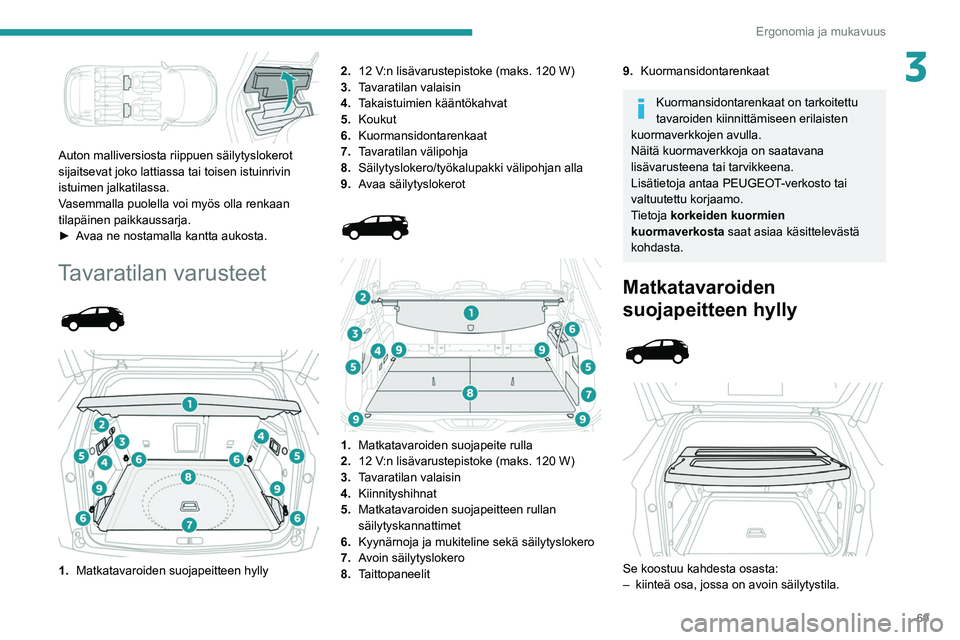 PEUGEOT 5008 2022 Omistajan Käsikirja (in Finnish) 69
Ergonomia ja mukavuus
3
Auton malliversiosta riippuen säilytyslokerot
sijaitsevat joko lattiassa tai toisen istuinrivin
istuimen jalkatilassa.
Vasemmalla puolella voi myös olla renkaan
tilap PEUGEOT 5008 2022 Omistajan Käsikirja (in Finnish) 69
Ergonomia ja mukavuus
3
Auton malliversiosta riippuen säilytyslokerot
sijaitsevat joko lattiassa tai toisen istuinrivin
istuimen jalkatilassa.
Vasemmalla puolella voi myös olla renkaan
tilap
