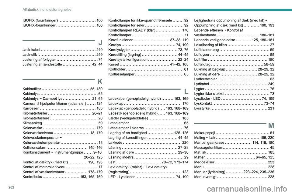 PEUGEOT 5008 2021  Brugsanvisning (in Danish) 262
Alfabetisk indholdsfortegnelse
ISOFIX (forankringer)    100
ISOFIX-forankringer     
100
J
Jack-kabel     249
Jack-stik     
249
Justering af forlygter
    
74
Justering af lændestøtte
   
42, 4