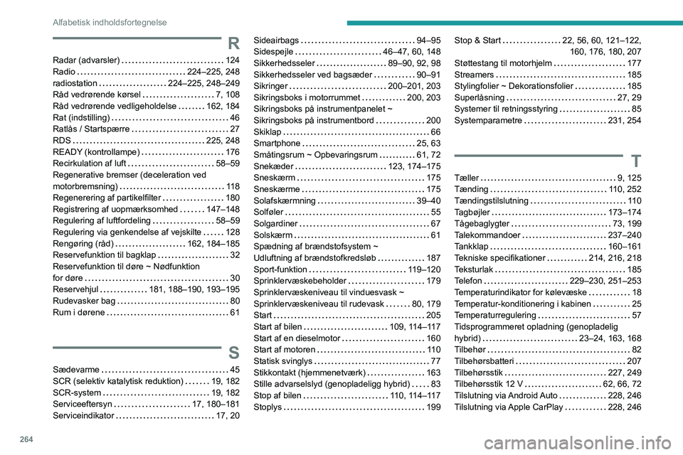 PEUGEOT 5008 2021 Brugsanvisning (in Danish) 264
Alfabetisk indholdsfortegnelse
R
Radar (advarsler) 124
Radio
224–225, 248
radiostation
224–225, 248–249
Råd vedrørende kørsel
7, 108
Råd vedrørende vedligeholdelse
PEUGEOT 5008 2021 Brugsanvisning (in Danish) 264
Alfabetisk indholdsfortegnelse
R
Radar (advarsler) 124
Radio
224–225, 248
radiostation
224–225, 248–249
Råd vedrørende kørsel
7, 108
Råd vedrørende vedligeholdelse